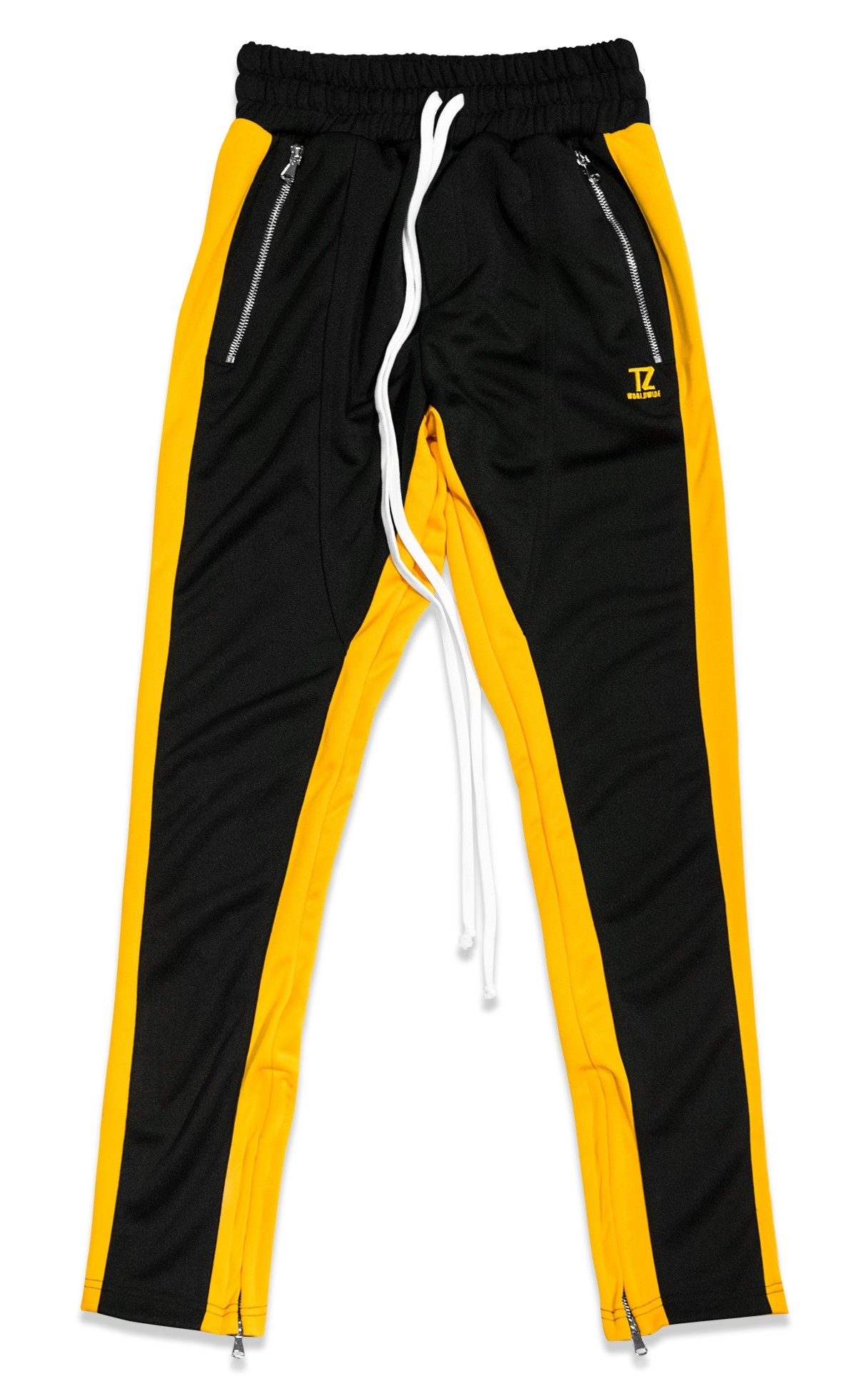 black pants with yellow stripe