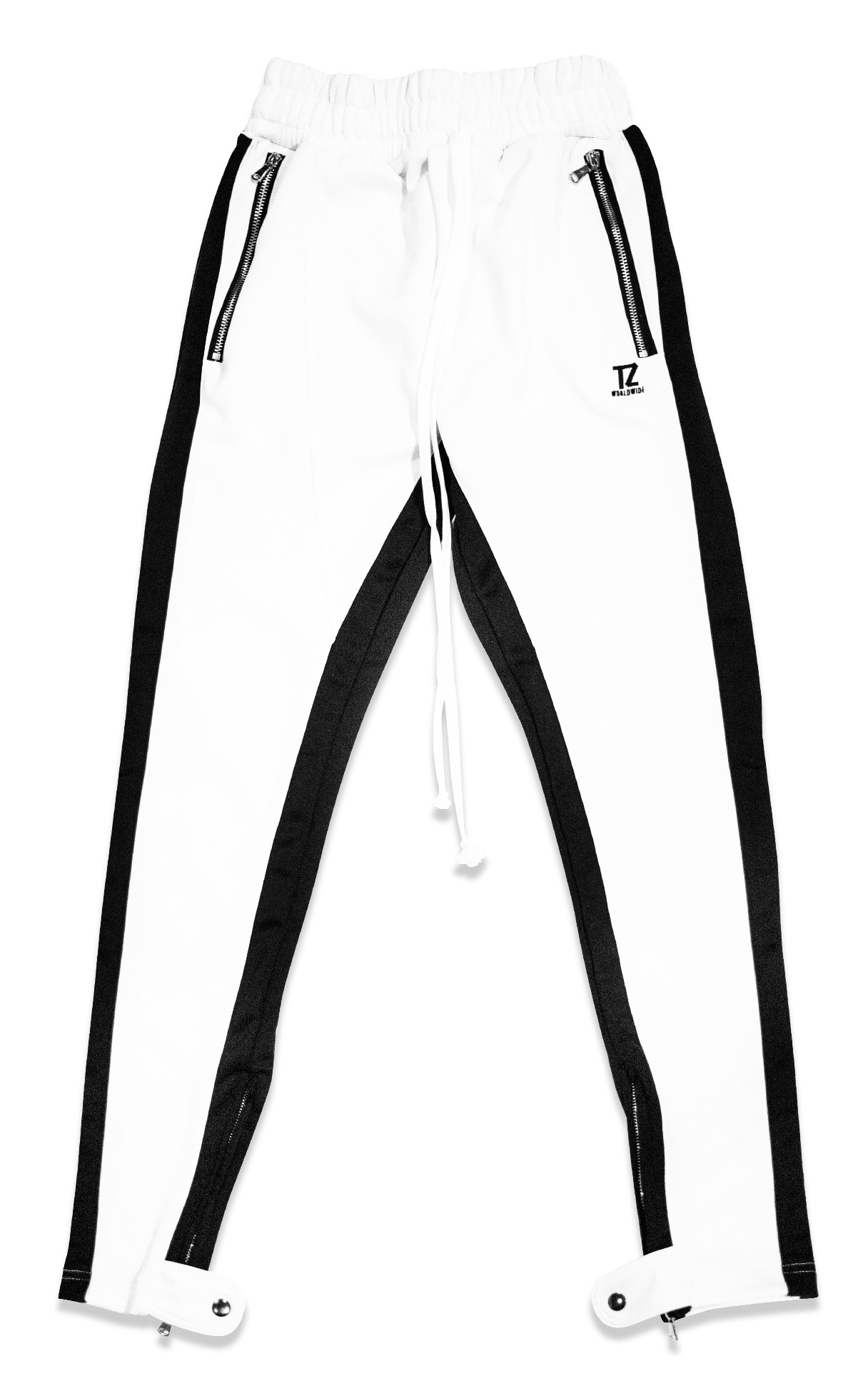 white track pants with black stripe