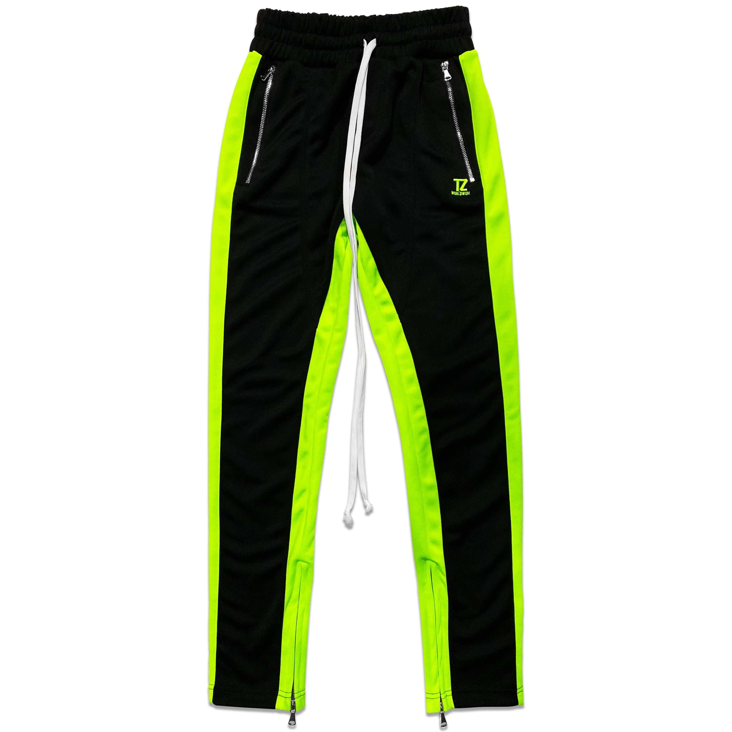 black track pants with green stripe